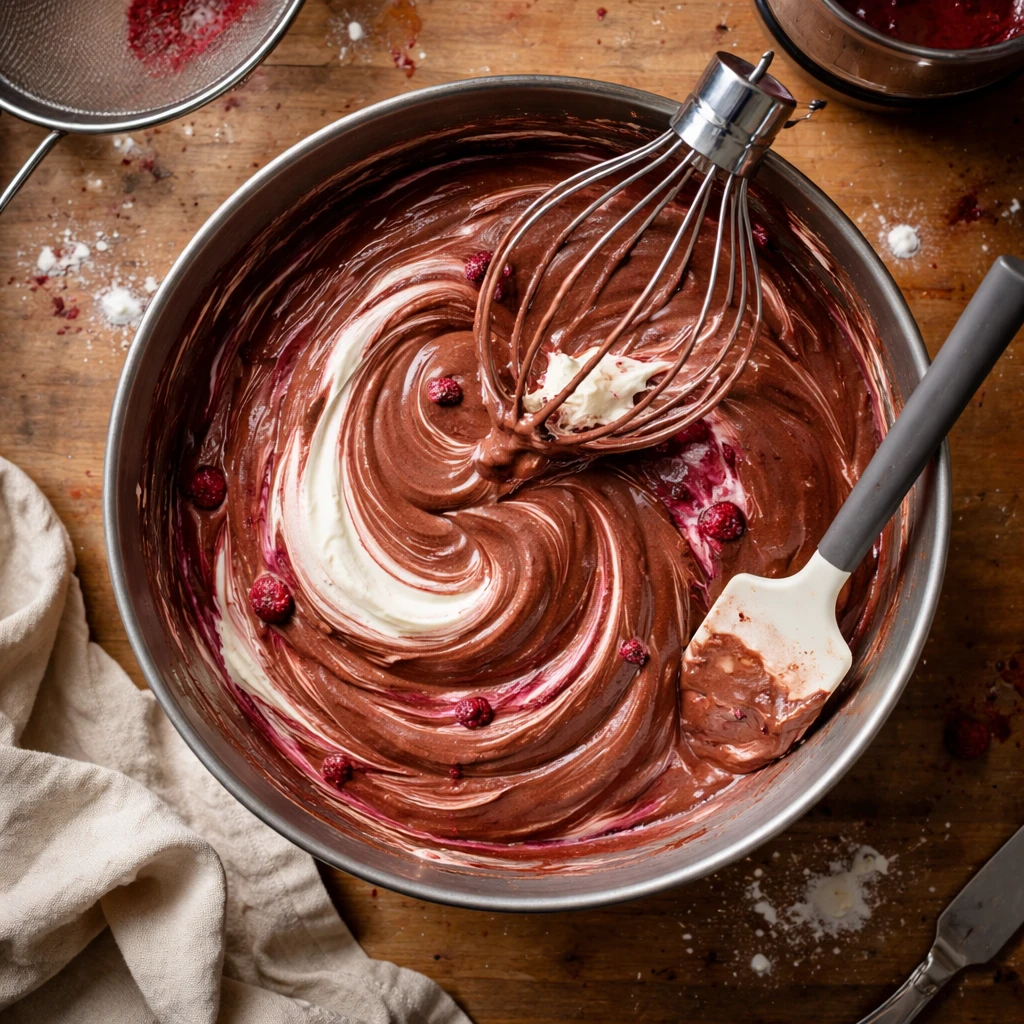dark chocolate raspberry mousse cake with rich layers and fresh raspberries on a plate