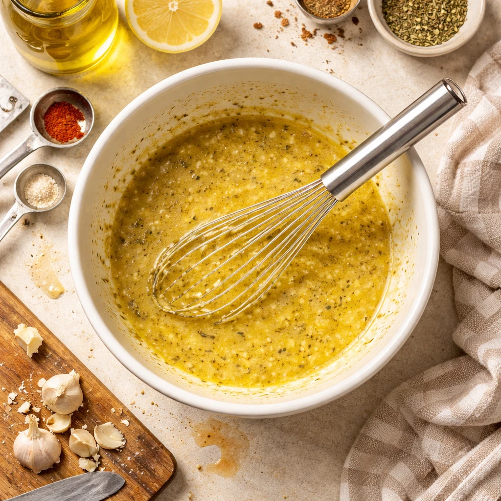 mediterranean chicken tenders plated with fresh herbs and lemon wedges on a rustic wooden table
