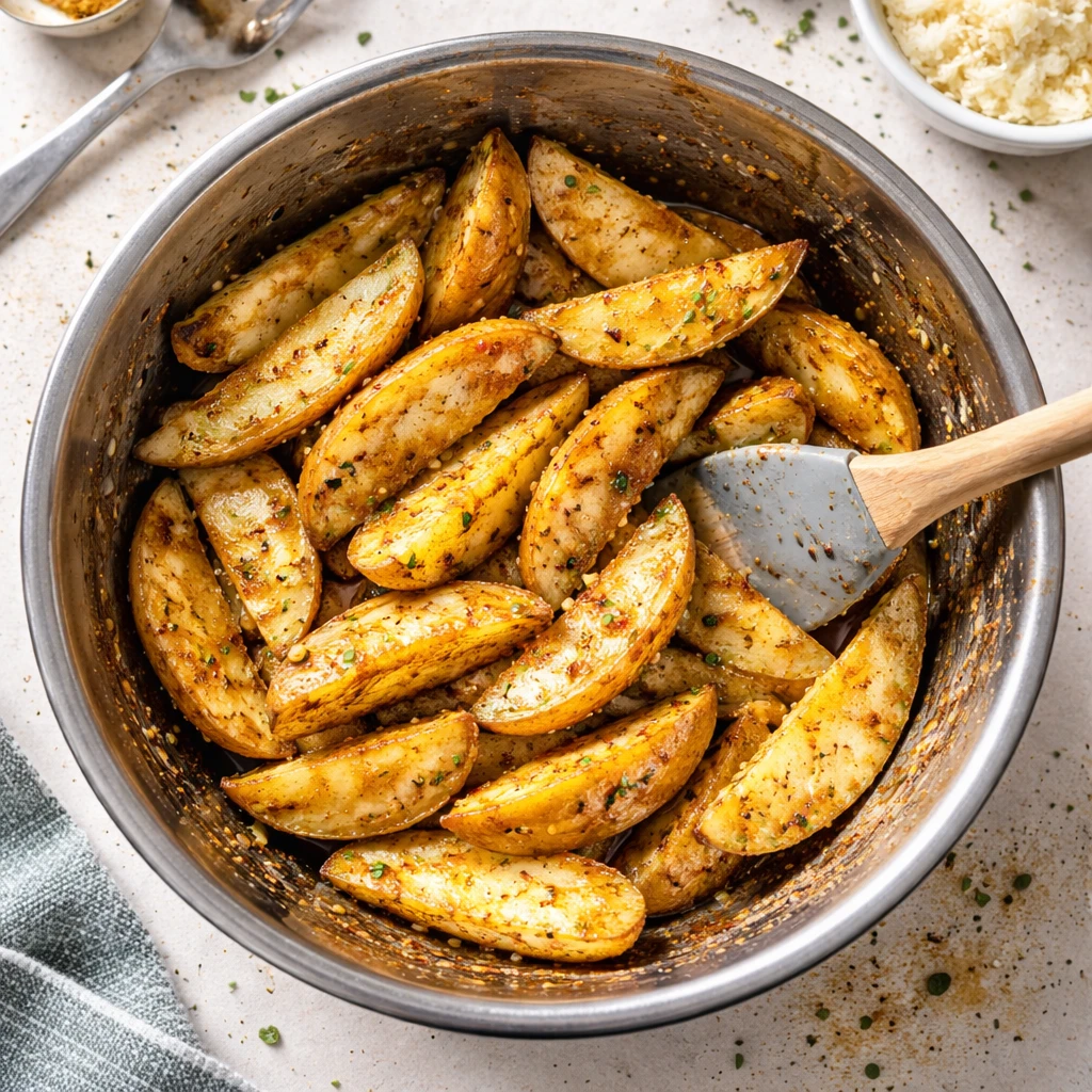 baked garlic parmesan potato wedges fresh crispy golden brown seasoned side dish