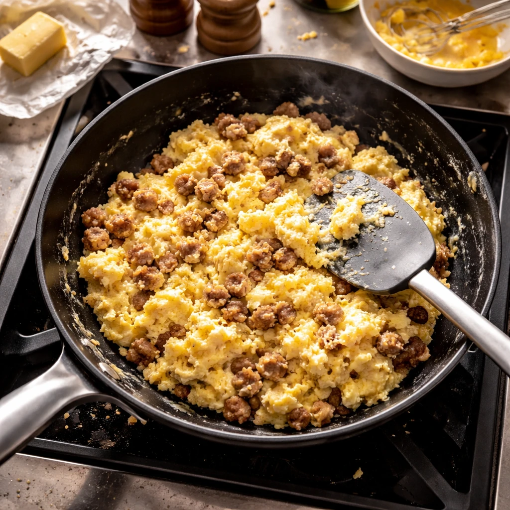 breakfast grilled cheese sandwich cooking in a skillet with melted cheese and eggs sizzling