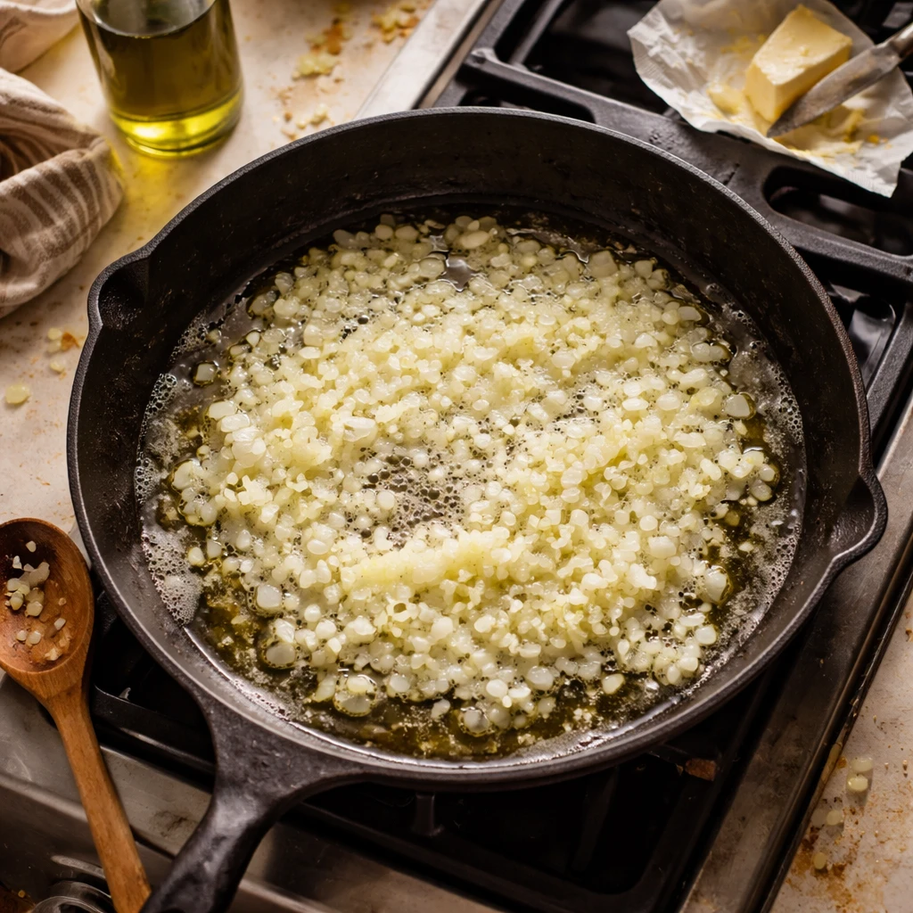 skillet cauliflower rice with mushrooms spinach and feta in a pan ready to serve nutritious easy dinner recipe