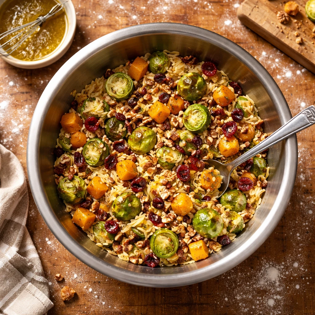 fall harvest orzo salad with autumn vegetables and warm kitchen comfort food recipe