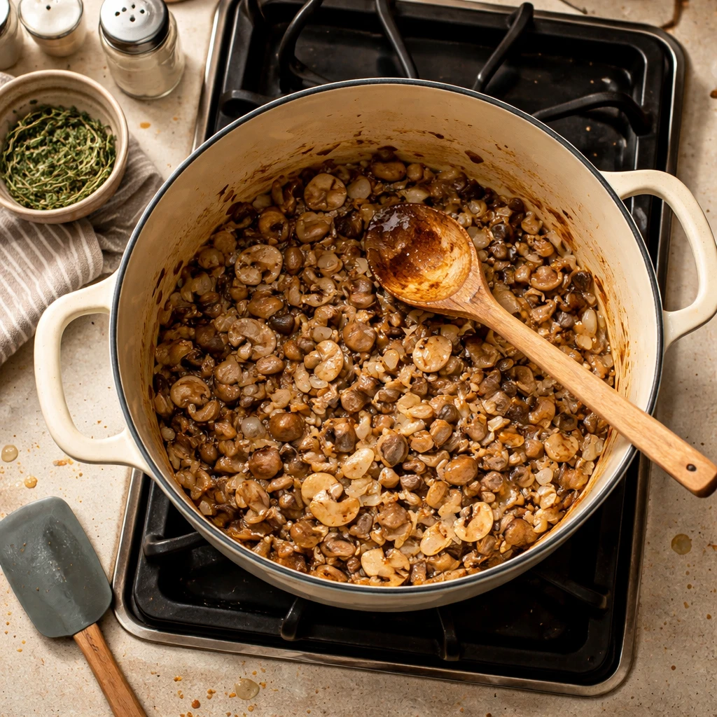 creamy mushroom and rotisserie chicken soup in a bowl with steam rising on a wooden table