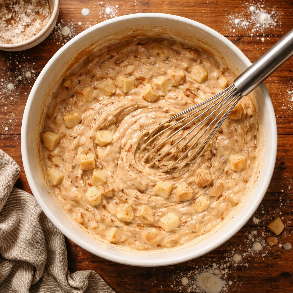 easy apple cake slice with cinnamon and butter on wooden table