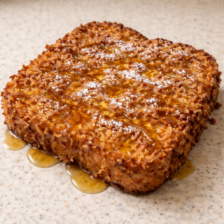 Coconut Crusted French Toast on a plate breakfast for dinner warm and comforting meal