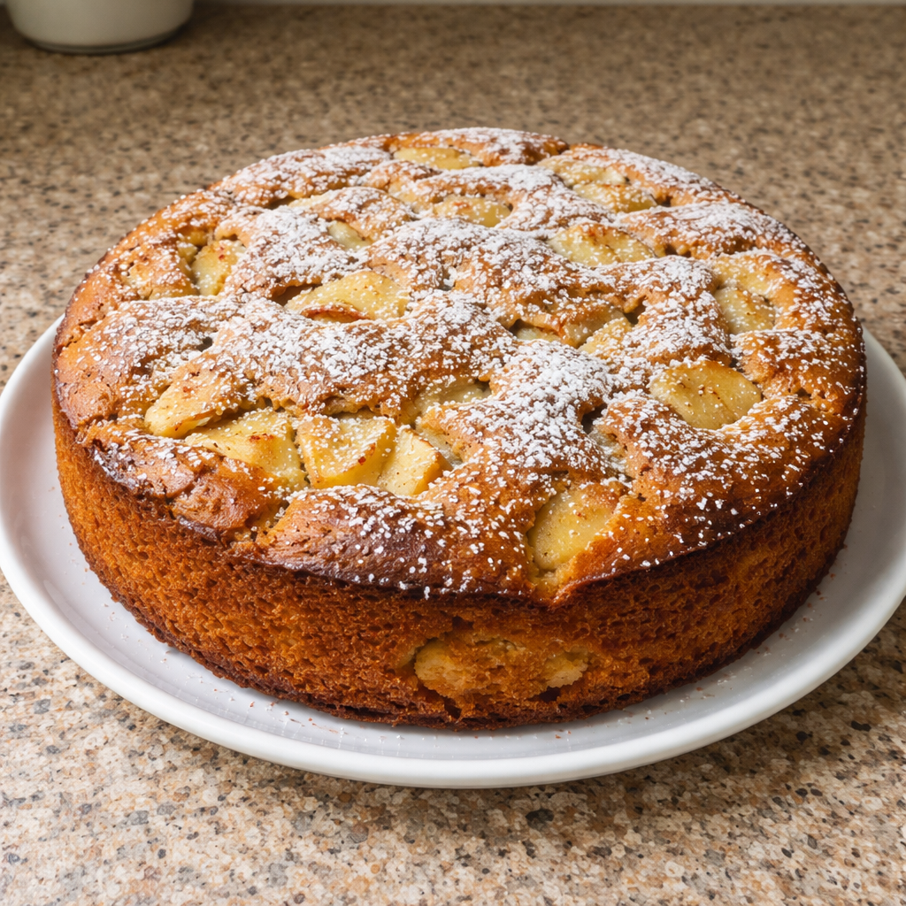 easy apple cake freshly baked with cinnamon and butter on a rustic table