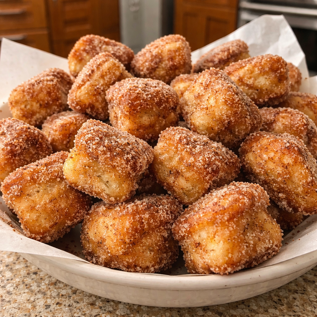 angel cake churro bites dessert on a kitchen table with natural evening light and family atmosphere