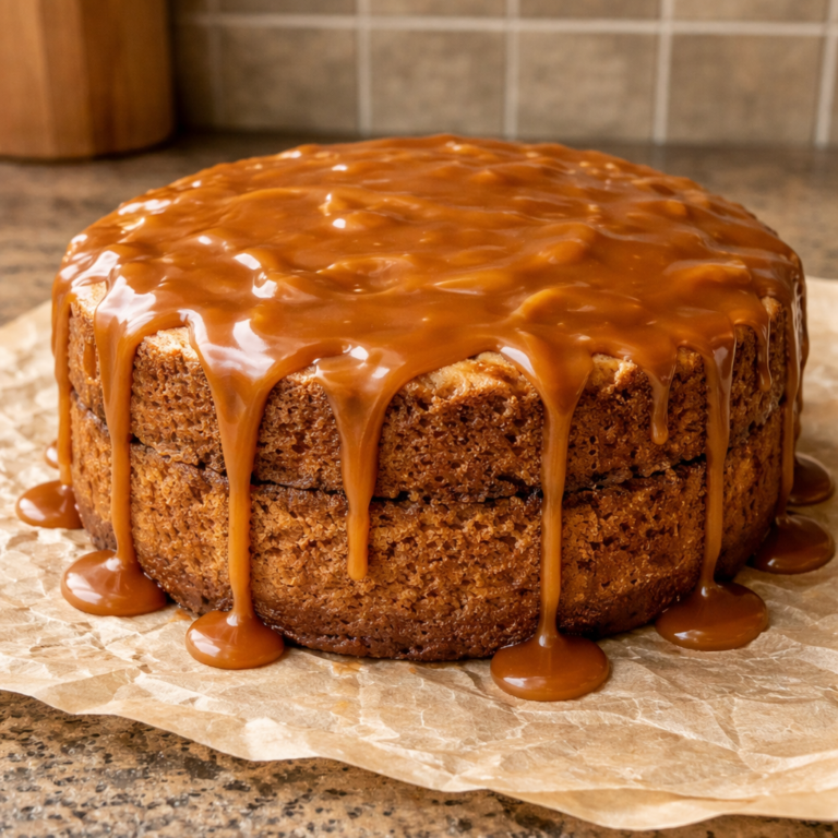 gooey coffee caramel cake with caramel drizzle and coffee flavor on kitchen counter