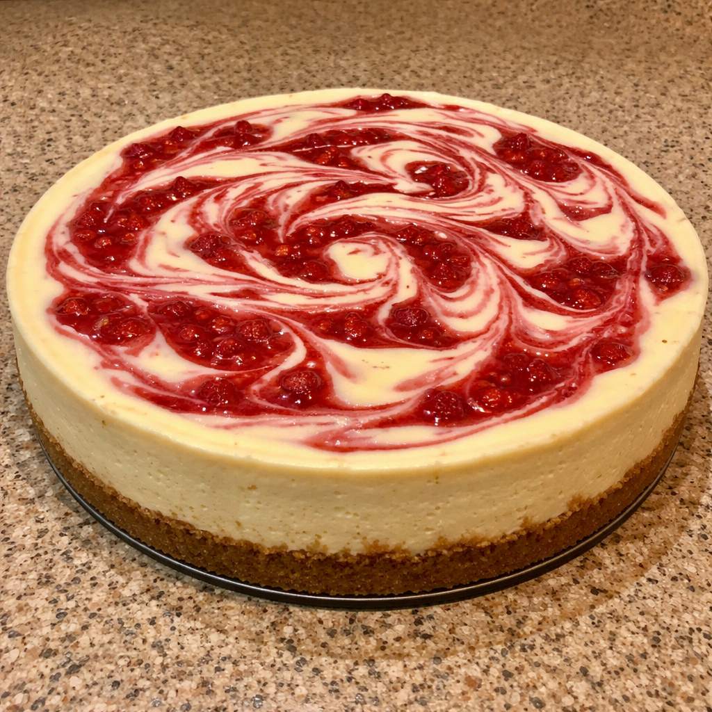 strawberry swirl cheesecake creamy filling vibrant fruit dessert slice on plate