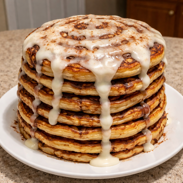 cinnamon roll pancakes stack with syrup and powdered sugar breakfast treat
