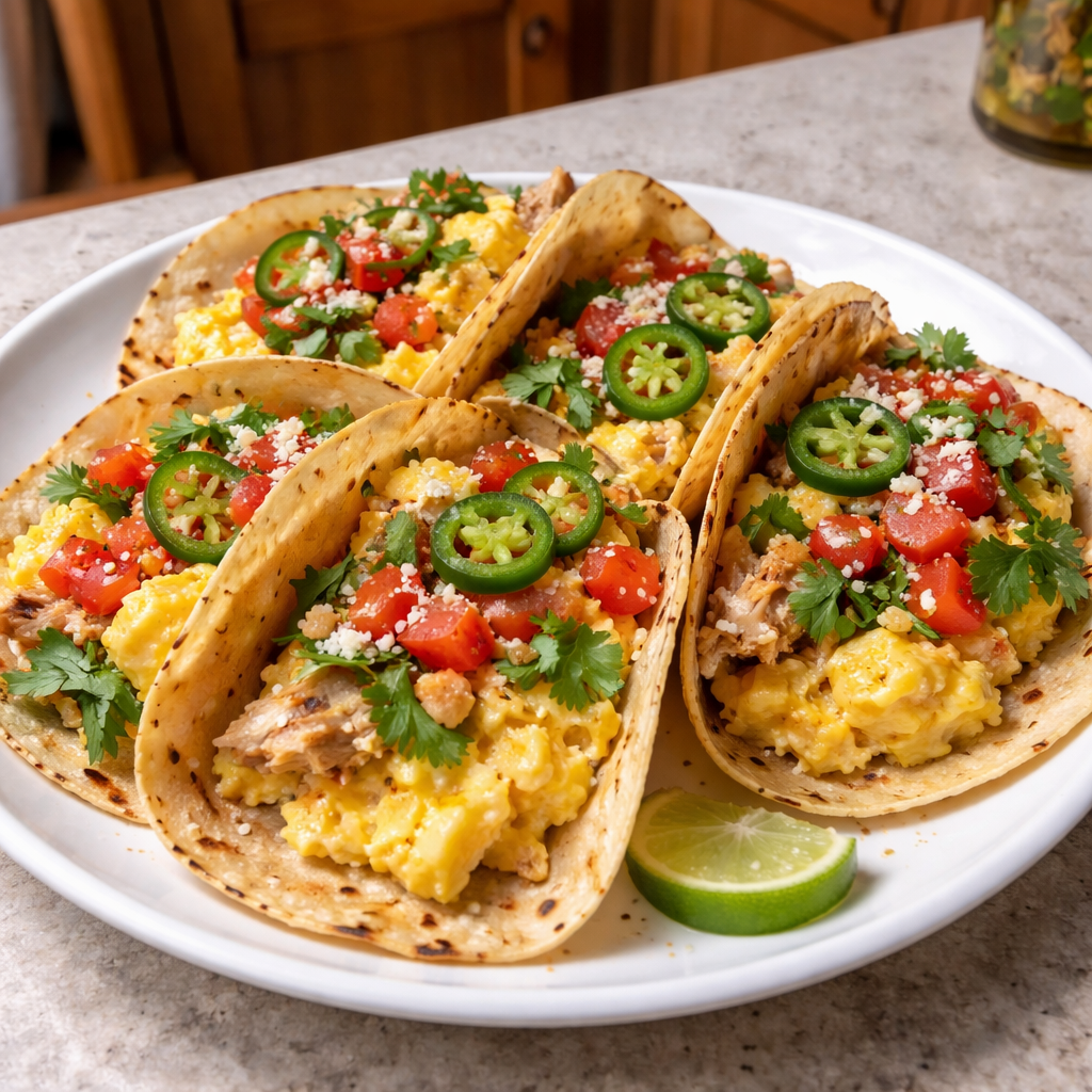 breakfast tacos with sizzling onions cozy weekend morning kitchen sunlight aromatic ingredients