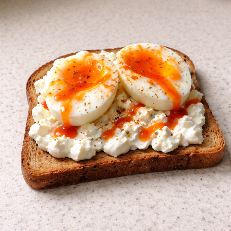 cottage cheese and soft boiled egg toast on rustic bread for easy healthy dinner idea