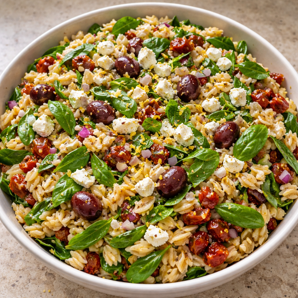 orzo pasta salad simple flavorful easy weeknight dinner recipe on plate fresh ingredients