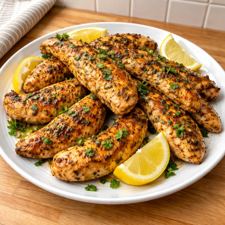 Mediterranean chicken tenders plated with fresh herbs and lemon wedges on a rustic wooden table