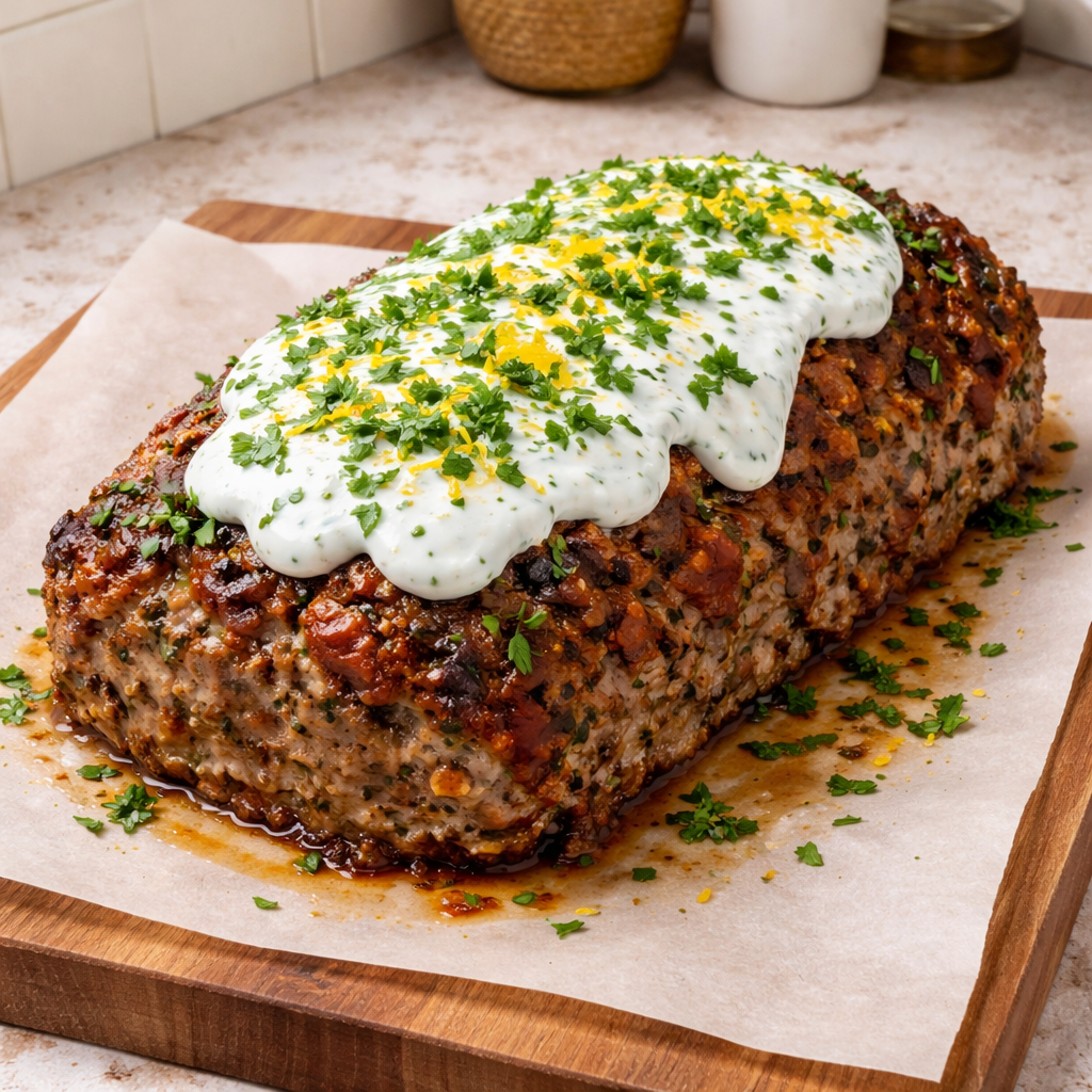 Mediterranean Meatloaf with Garlic Herb Yogurt Sauce