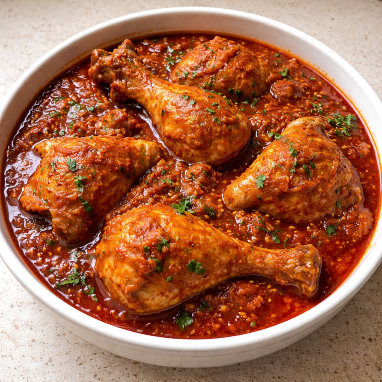 nigerian chicken stew in a pot with rich tomato sauce and tender chicken pieces simmering for a comforting home cooked meal