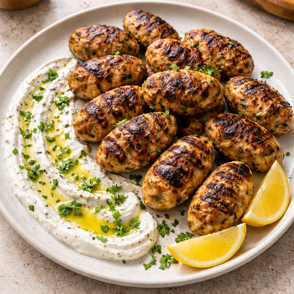 chicken kofta with garlic yogurt sauce served on a plate with fresh herbs and spices delicious easy weeknight dinner recipe