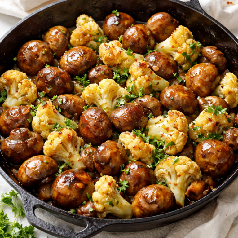 garlic mushrooms and cauliflower skillet cooked in a delicious flavorful sauce