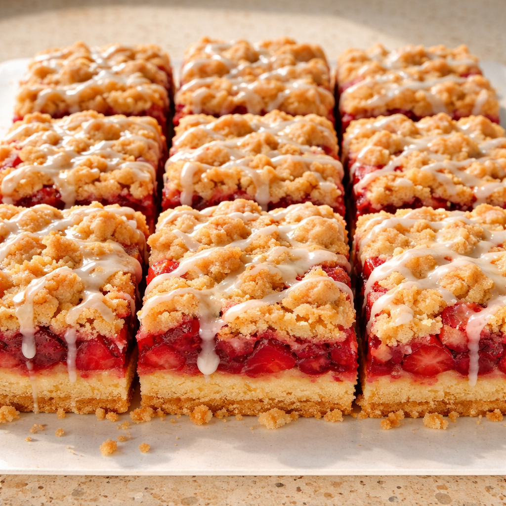 strawberry shortcake bars with golden crust and fresh strawberries on rustic table summer dessert recipe
