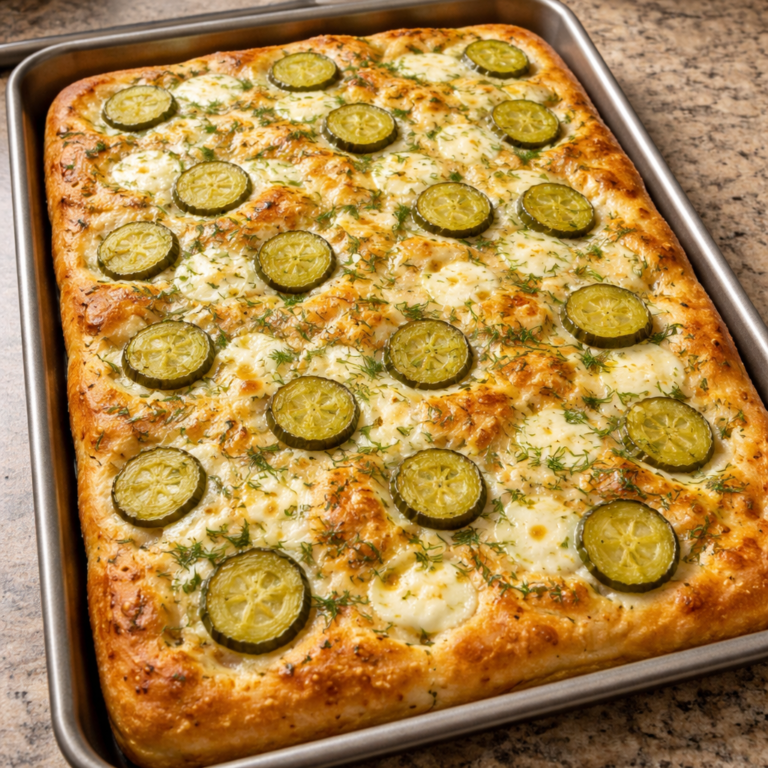 dill pickle focaccia fresh baked bread with dill and pickles on wooden board