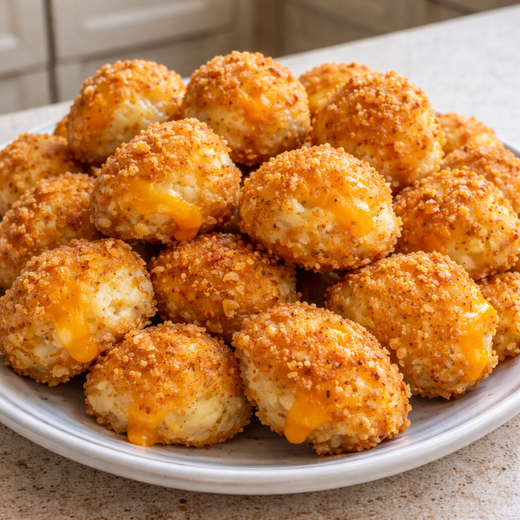 crispy cheesy mashed potato bites with golden crust and melted cheese on a serving plate