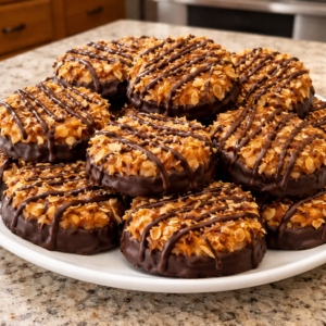 no bake samoa cookies with toasted coconut caramel and drizzled chocolate on white plate