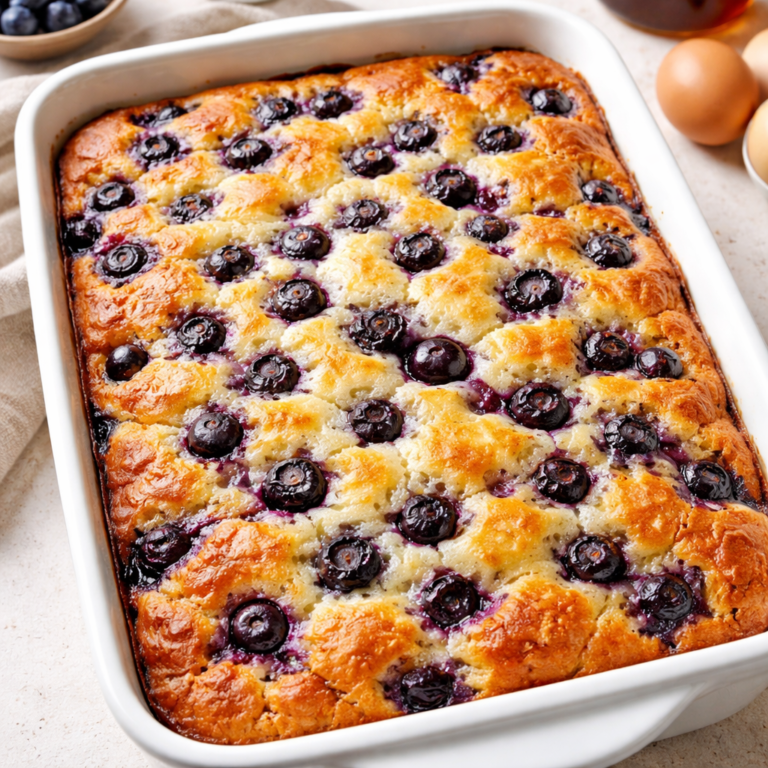 blueberry buttermilk pancake casserole stack with fresh blueberries and syrup on a plate