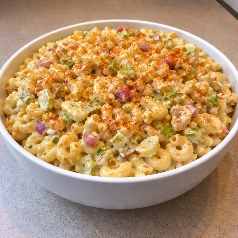 deviled egg macaroni salad creamy comforting easy homemade recipe close up bowl