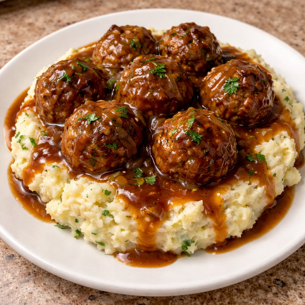 Salisbury steak meatballs served with creamy garlic herb mashed potatoes on a rustic plate