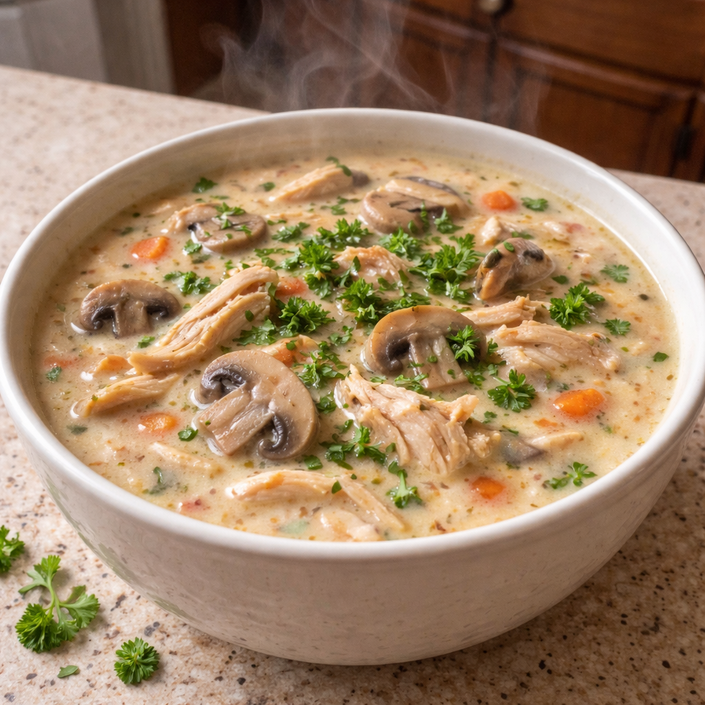 creamy mushroom and rotisserie chicken soup in a bowl with steam rising on a wooden table