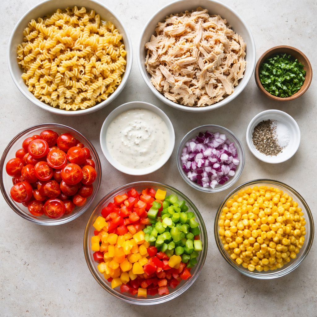 BBQ chicken ranch pasta salad with grilled chicken pasta and fresh vegetables in a creamy dressing