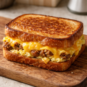 breakfast grilled cheese sandwich cooking in skillet with melted cheese and eggs sizzling